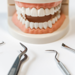 歯の模型と歯科器具