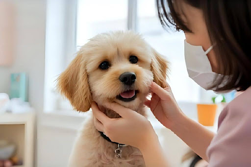 口まわりを診察される犬