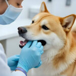 口の中を診察される柴犬