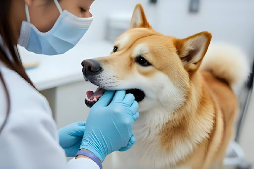 口の中を診察される柴犬