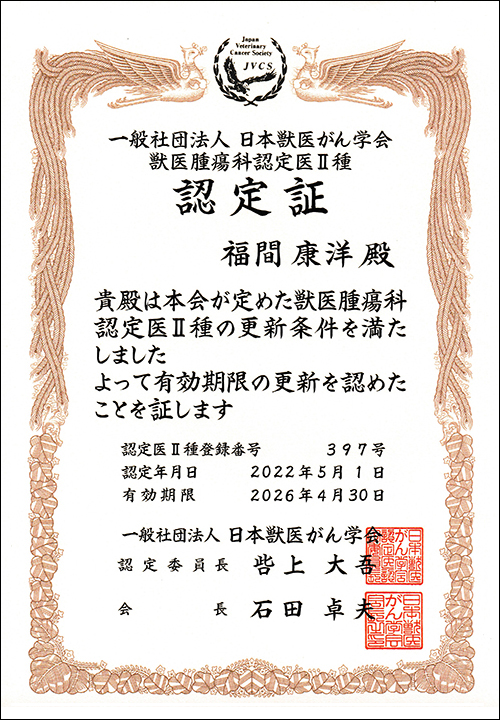 日本獣医腫瘍科認定医Ⅱ種 認定証